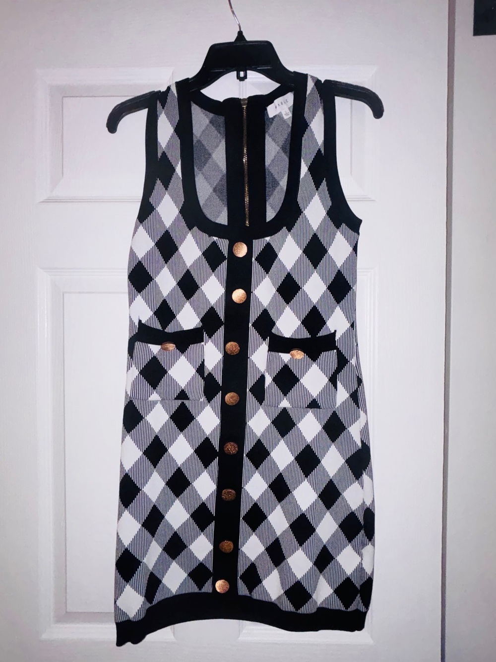 Black and White Argyle Sleeveless Mini Dress with Gold Buttons